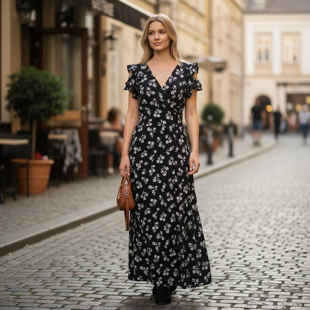 Kate Spade New York Black White Floral Flutter Sleeve Maxi Dress Size 6 NJMUA895